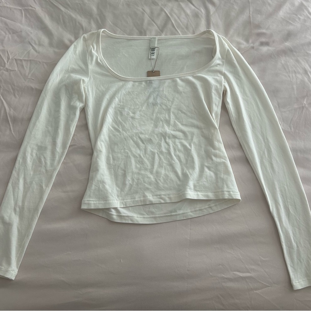 Skims Cotton Jersey Scoop Neck Long Sleeve Top White Sz S NWT